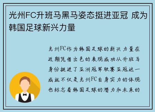 光州FC升班马黑马姿态挺进亚冠 成为韩国足球新兴力量