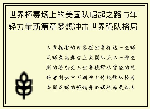 世界杯赛场上的美国队崛起之路与年轻力量新篇章梦想冲击世界强队格局